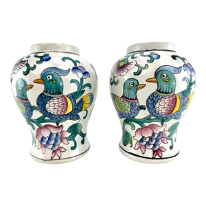 1970s Vintage Chinoiserie Bird Ceramic Vases- a Pair