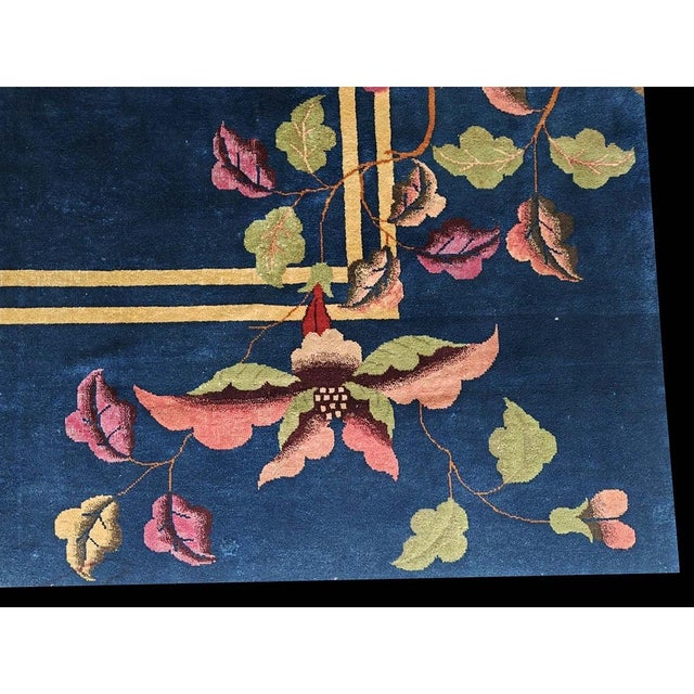 1920s Navy Blue Green Floral Antique Chinese Art Deco Carpet 11'9" X 14'9'' Rug For Sale - Image 10 of 10