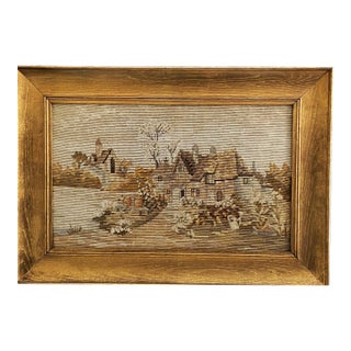 C1900 Florentine Gilt Wood Framed Intricate Needlepoint-Pastoral Village 17x12 For Sale