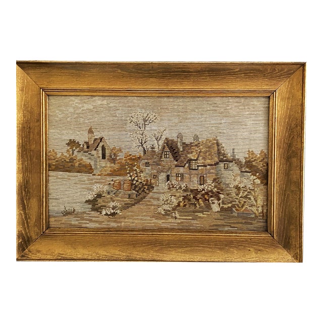C1900 Florentine Gilt Wood Framed Intricate Needlepoint-Pastoral Village 17x12 For Sale