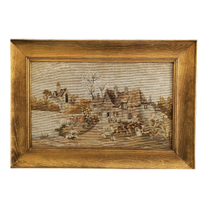 C1900 Florentine Gilt Wood Framed Intricate Needlepoint-Pastoral Village 17x12