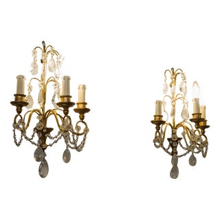 French-Style Wall Lamps with Cut Crystals, 1930s, Set of 2 For Sale
