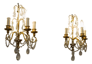 French-Style Wall Lamps with Cut Crystals, 1930s, Set of 2