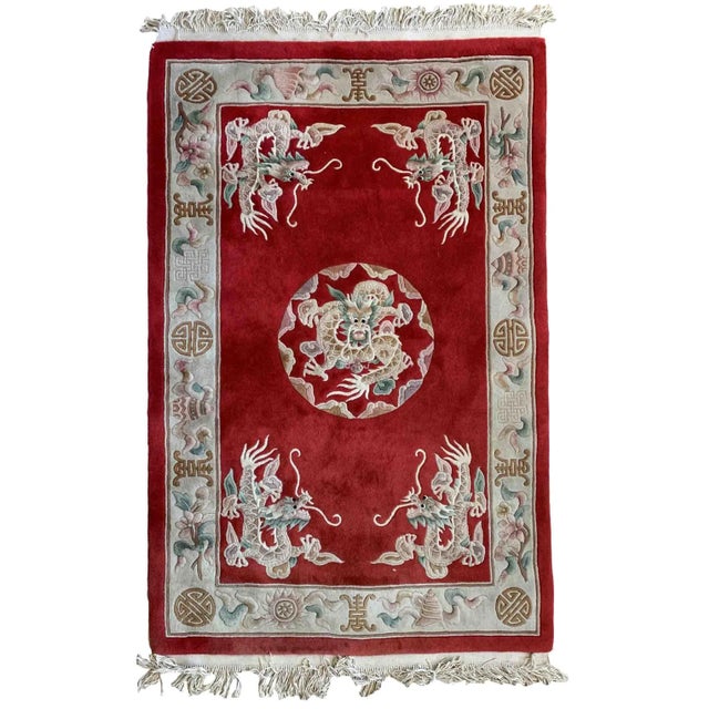 Red 1960s Handmade Vintage Art Deco Chinese Rug 4.1' X 6.3' For Sale - Image 8 of 8