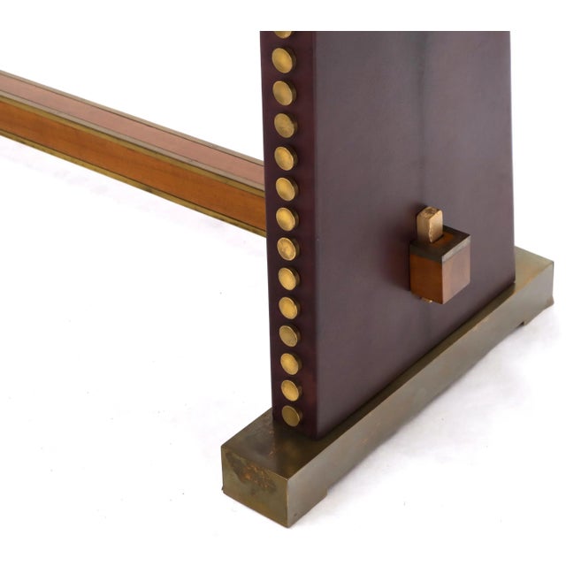 Narrow Long Boat Shape Walnut Dining Harvest Table Studs Leather Brass Decorated For Sale - Image 4 of 12