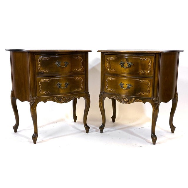 A nice pair of French Louis XV style, with a French Provincial twist, 2 drawer side tables / nightstands. Well made with...