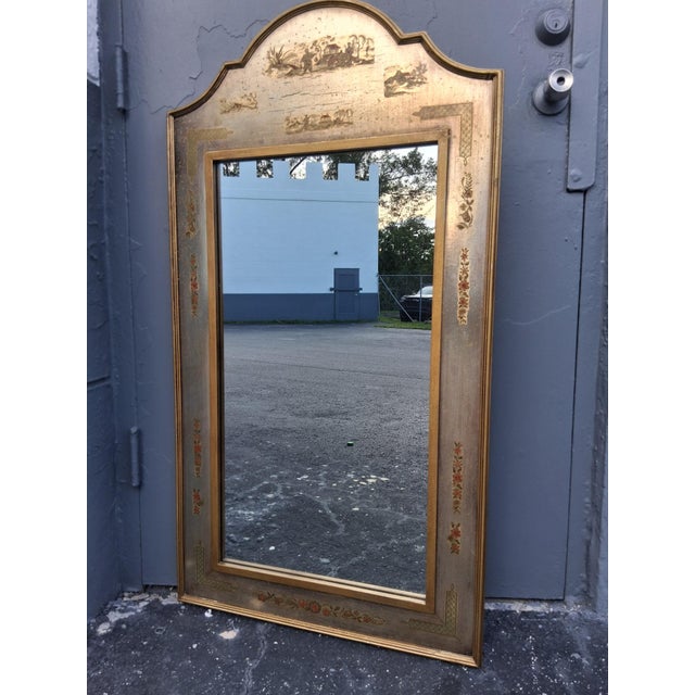 1940's Hollywood Regency Chinoiserie Giltwood & Silvered Wall Mirror. Figural detail. Aged patina.