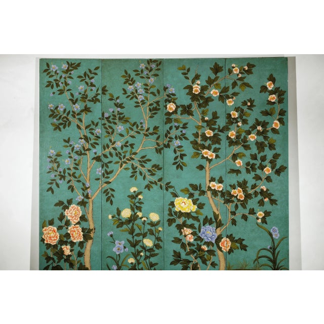Wood Vintage Chinese Four-Panel Screen with Hand-Painted Blossoms on Teal Ground For Sale - Image 7 of 12