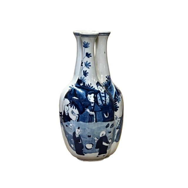 Ceramic Chinese Blue White Porcelain 3 Mouths Ladies Kids Theme Vase Display For Sale - Image 7 of 7