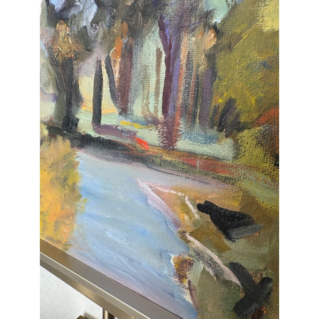 Mid 20th Century Vintage Post Impressionist Modern Landscape Still Life Original Oil Framed Painting, Pistachio Green, Purple, Blue For Sale - Image 5 of 11