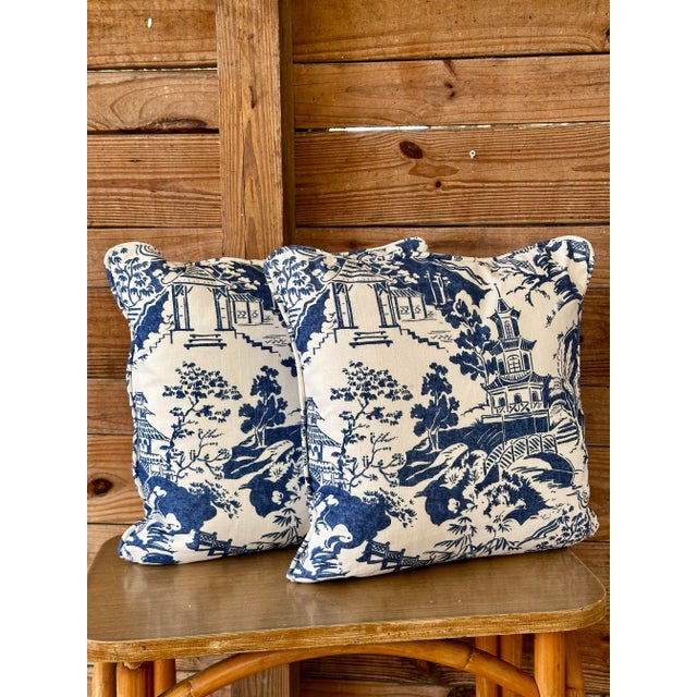 Textile Chinoiserie Indigo Blue Pagoda Self Welt Down Insert Pillows-Pair For Sale - Image 7 of 8
