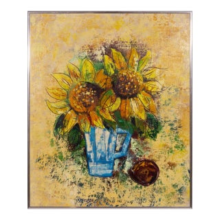 Modernist Sunflowers Signed Acrylic Painting on Canvas Framed, C. 1960 For Sale