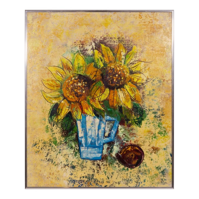 Modernist Sunflowers Signed Acrylic Painting on Canvas Framed, C. 1960 For Sale