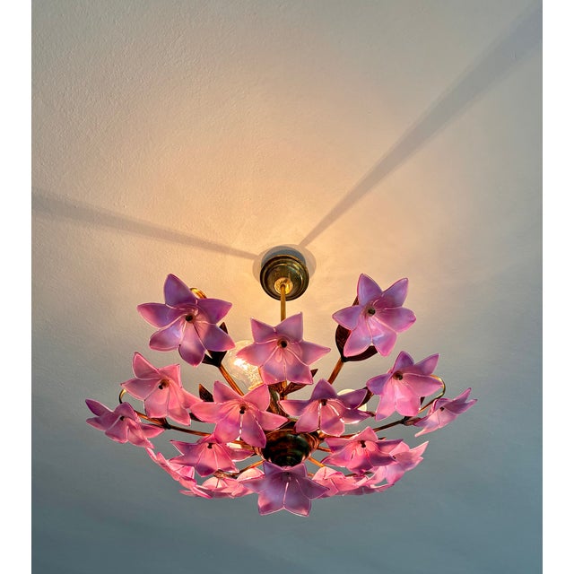 1980s Italian Style Pink Floral Crystal Flush Mount Chandelier, 3-Light For Sale - Image 12 of 17