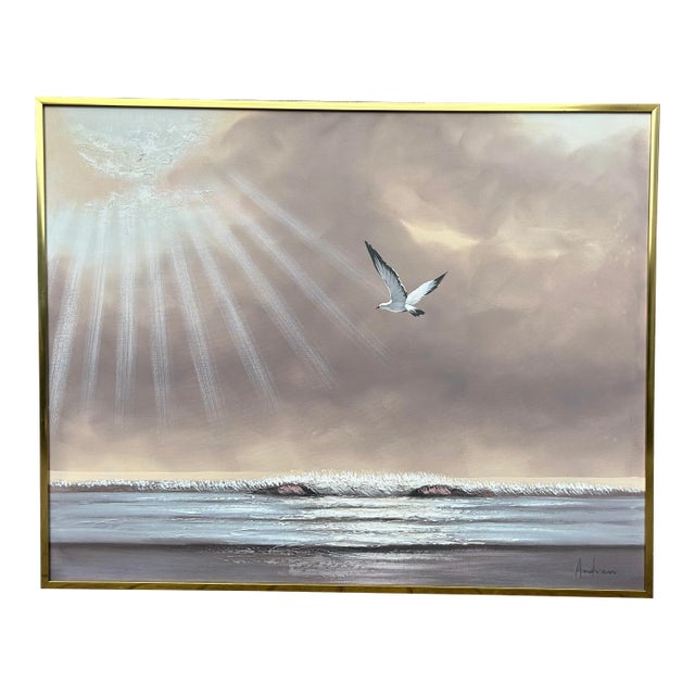 Vintage Mid Century 1960’s Seascape Large Oil Painting With Seagull For Sale