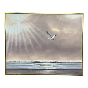 Vintage Mid Century 1960’s Seascape Large Oil Painting With Seagull