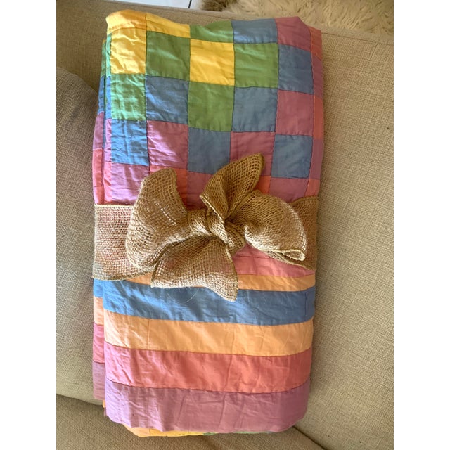 1960s Vintage Hand Stitched Multicolor Square Patches Quilt 89” X 81” For Sale - Image 5 of 12