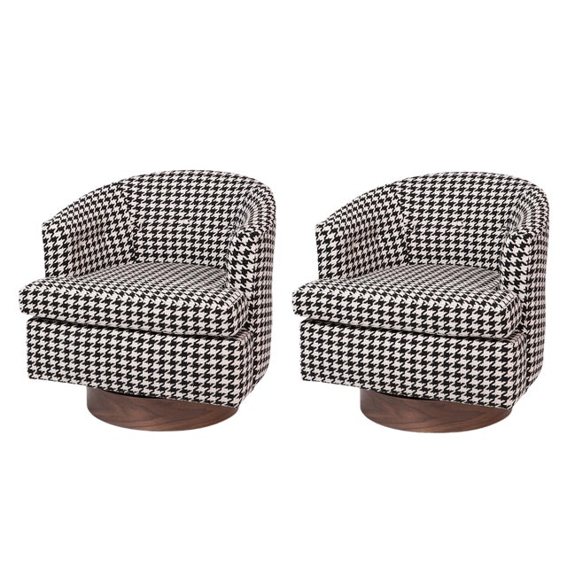 Custom 1960s Houndstooth Swivel Lounge Chairs- A Pair For Sale