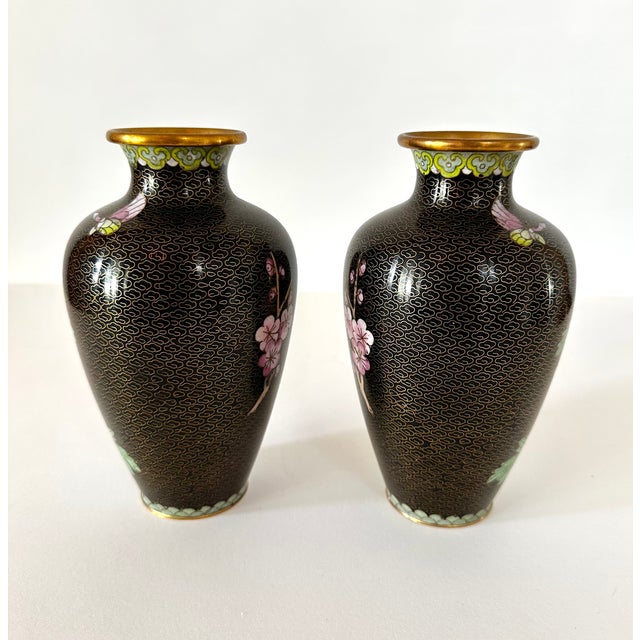 Jingfa Small Bookend Matched Pair of Chinese Cloisonné Vases With Chrysanthemum Flowers For Sale - Image 4 of 8