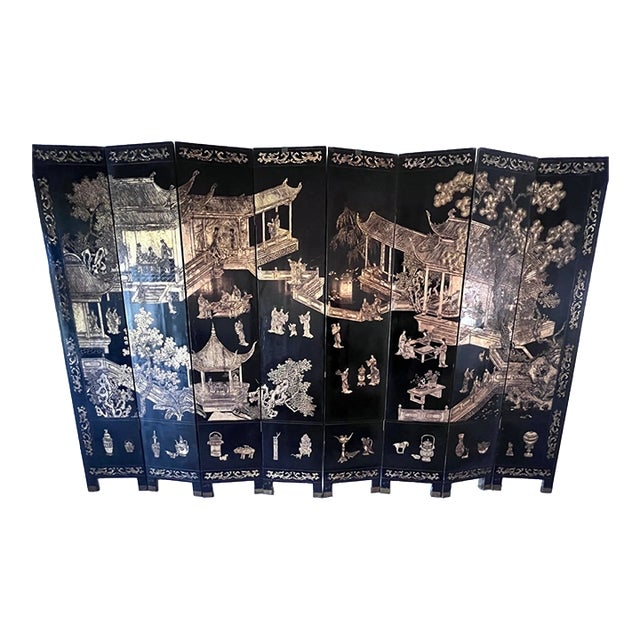 Vintage Chinese Coromandel Black Lacquer 8-Panel Folding Screen With Gilt Court Scenes For Sale