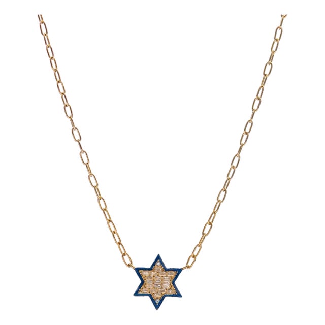 Divine Star of David Blue Enamel Gold Necklace For Sale