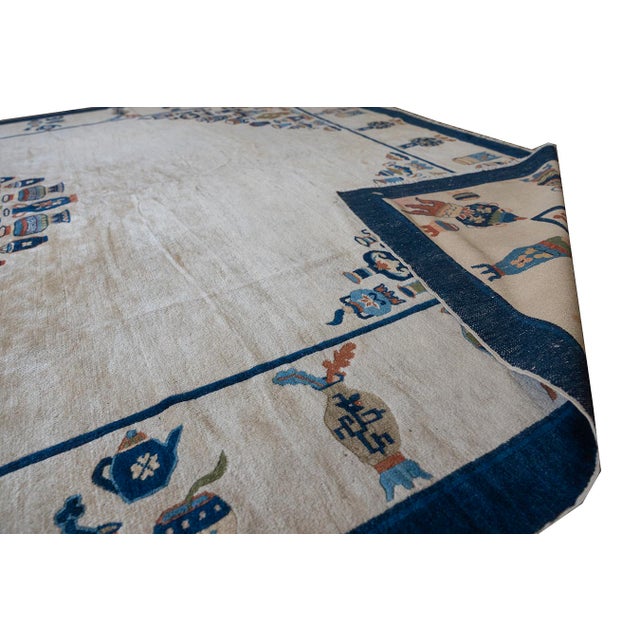 Ivory 1920s Ivory Vase Medallion Antique Chinese Peking Knotted Wool Carpet Rug For Sale - Image 8 of 10