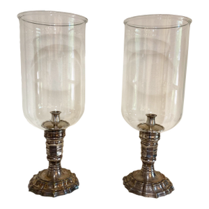 Pair French Silvered Bronze Photophores or Hurricanes, Mid 20th Century