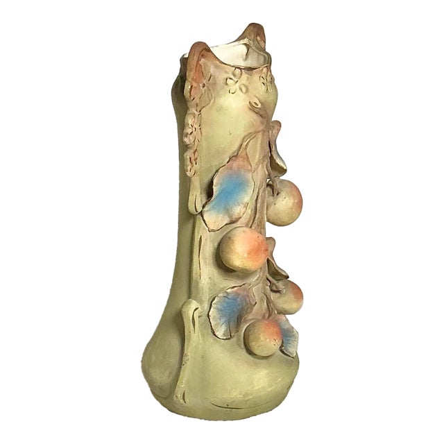1900-1918 Josef Strnact Austria Vase Applied Peach Fruit Bisque Porcelain 14” Art Nouveau For Sale