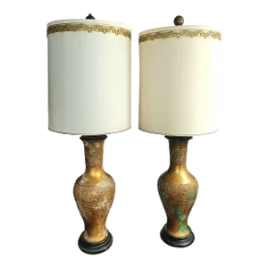 Vintage Pair of Mid 20th Century Norman Perry Verdigris Brass Asian Motif Lamps