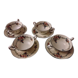 1920s Antique Wedgewood QueensWare Ventnor Soup Cups and Saucers Fruit and Vine's Theme - 8pcs