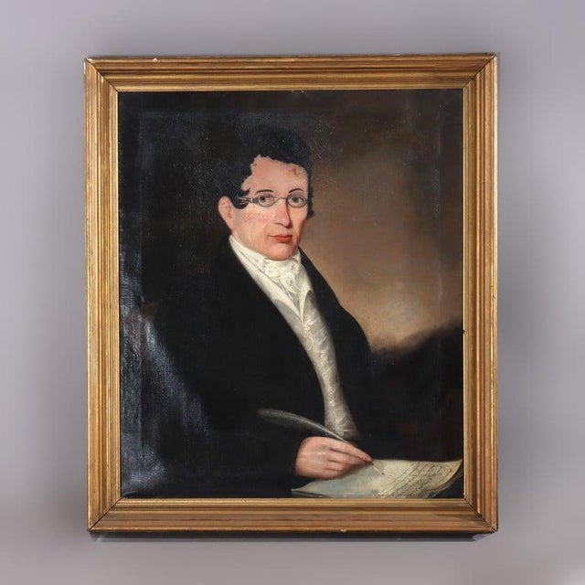 Antique Oil on Canvas Painting, Portrait of a Scholar, C1830 For Sale - Image 10 of 12