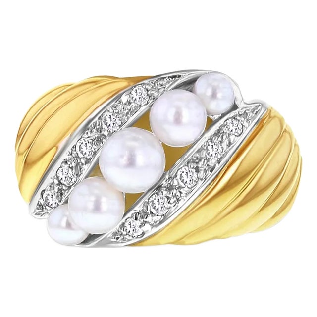 Pearl Diamond Statement Ring 14k Yellow Gold, Size 6.75 For Sale
