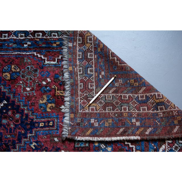 Early 1900s Antique Botanical Figural Tribal Medallion Brick Red Blue Almost Square Rug - 5’10” X 6’10” For Sale - Image 11 of 11