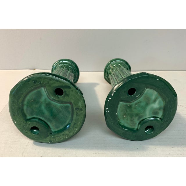 Late 20th Century Majolica Ceramic Split Reed Faux Bamboo Candlesticks Pair For Sale - Image 5 of 5