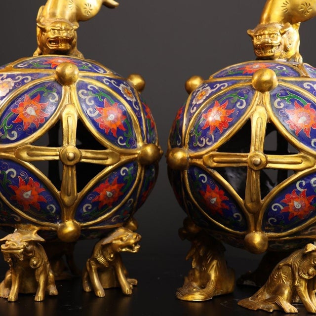 Pair of Chinese Cloisonné Incense Burners | Gilt Bronze Lion & Brocade Ball Motif For Sale - Image 4 of 9