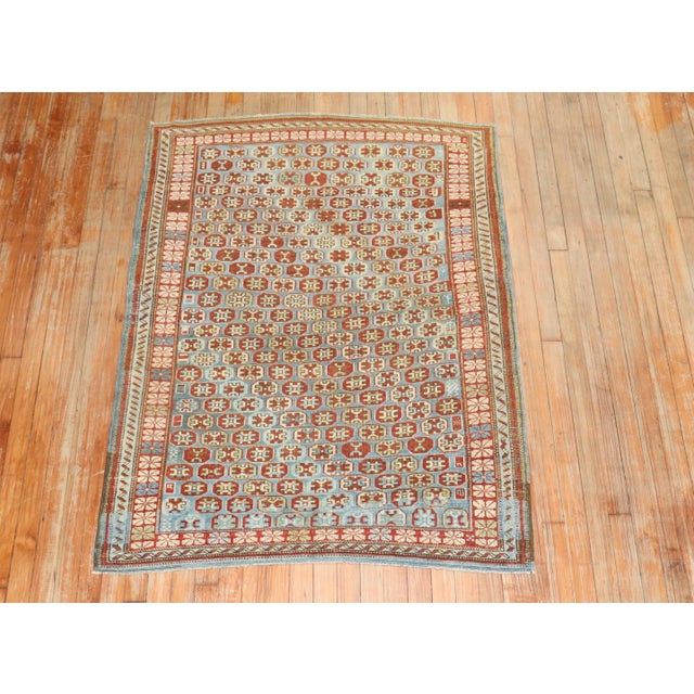 Islamic 19th Century Blue Antique Caucasian Kuba Rug - 3'8" x 4'10" For Sale - Image 3 of 8