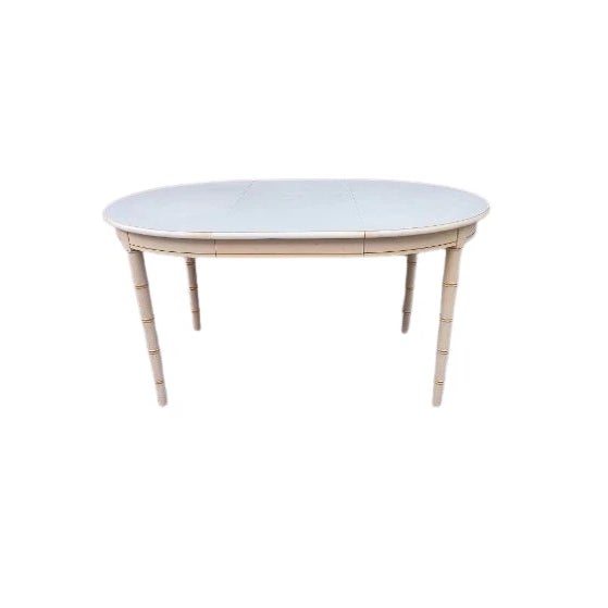 Ornamental & Decorative Materials 1980s Hollywood Regency Faux Bamboo Dining Table With One Extra Leaf Yellow White Top For Sale - Image 7 of 8