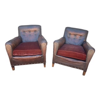 1910s Vintage French Leather and Velvet Armchairs- a Pair For Sale