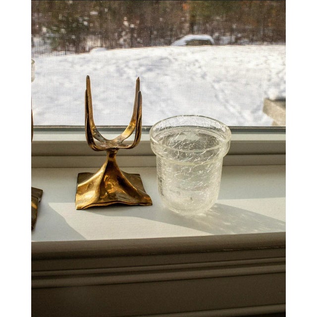 Two vintage brass and “crack glass” votives in excellent vintage condition (no visible imperfections).