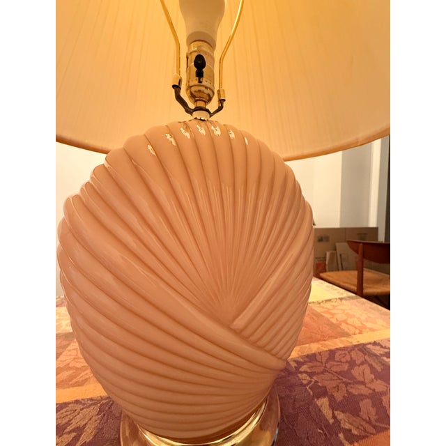 Metal Large Pair of Vintage 1980s Art Deco Revival Grotto Shell Table Lamps - Peachy Pink For Sale - Image 7 of 12