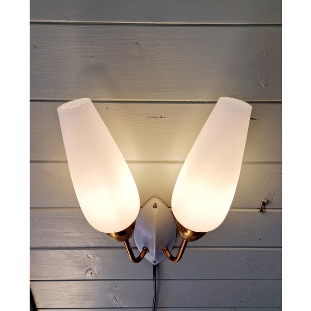 Metal Vintage Double Wall Light in Brass and White Opaline, 1950s For Sale - Image 7 of 10