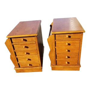 Vintage 3 Drawers Amish Crafted Oak End Tables With Magazine Racks, Circa 1970s - a Pair