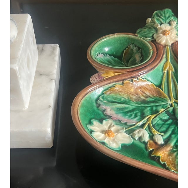 Majolica strawberry serving platter made by Wedgwood in England on July 8, 1869.