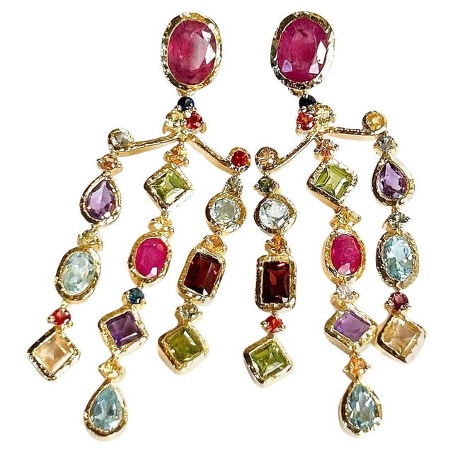 Bochic "Orient" Vintage Ruby & Multi gem Chandelier Earrings Set 18K Gold&Silver, A Pair For Sale - Image 15 of 18