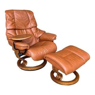 Stressless” Ekornes Leather Arm Chair With Footstools, and Tray Table Norway. For Sale