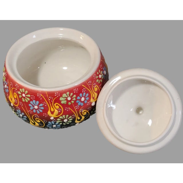 Vintage Turkish Hand Painted Colorful Floral Enamel Porcelain Covered Jar Sugar Candy Trinket For Sale - Image 4 of 5