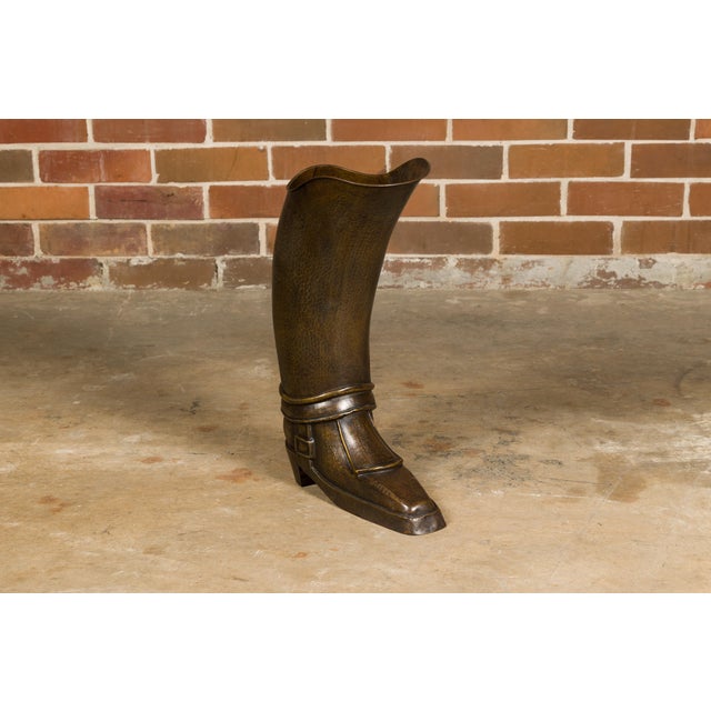 Early 20th Century English 1920s Hand-Hammered Copper and Brass Musketeer Boot Umbrella Stand For Sale - Image 5 of 12