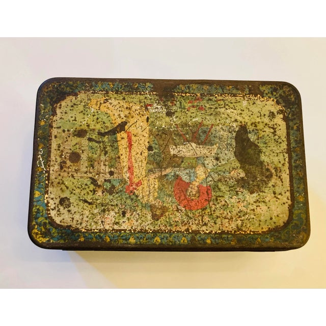 Antique English Biscuit Tole Box With Scenes of Home Life For Sale - Image 12 of 12
