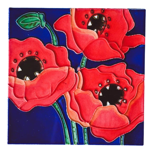 Vintage Poppy Tile - Rustic Floral Wall Decor, 1950s For Sale
