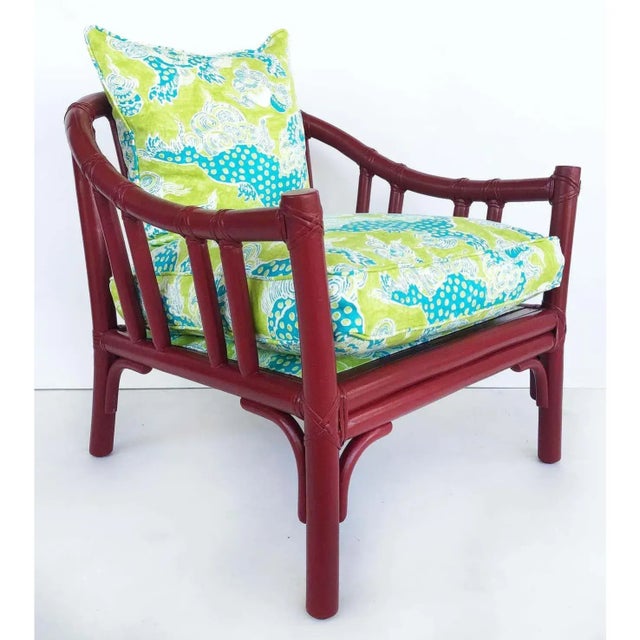 Traditional 1970s McGuire San Francisco Rattan Club Chairs, Brunschwing & Fils Fabric- A Pair. For Sale - Image 3 of 9